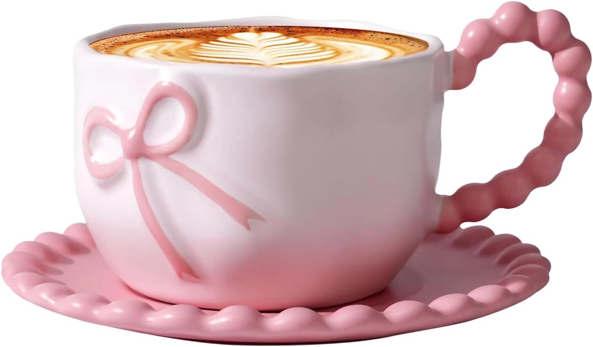 Koffiemok met roze strik, porselein, 350 ml, schattige keramische mok met 3D-strik en handvat, koffiekopjes, set met schotel, verjaardagscadeau van porselein
