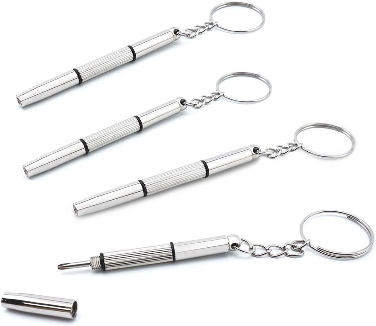 4 stuks mini-brilschroevendraaiers, 3-in-1 mini-schroevendraaierset, draagbaar, roestvrij staal, schroevendraaier, sleutelhanger, reparatieset voor brillen, sieraden en horloges