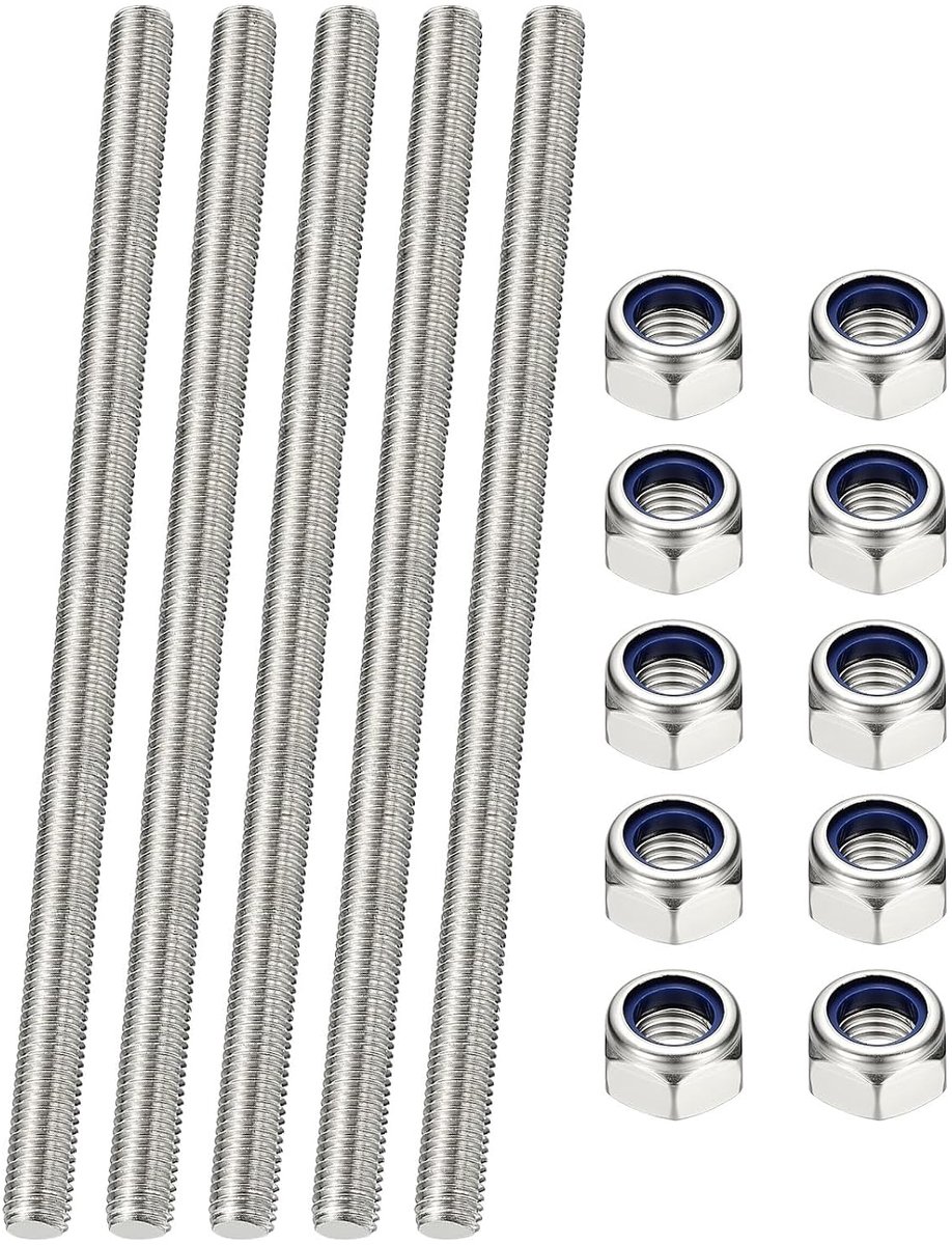 5 stuks draadstangen, M3 x 200 mm, schroefdraadstang van roestvrij staal 304 rechts, met moeren voor buisklemmen, haken, U-bouten