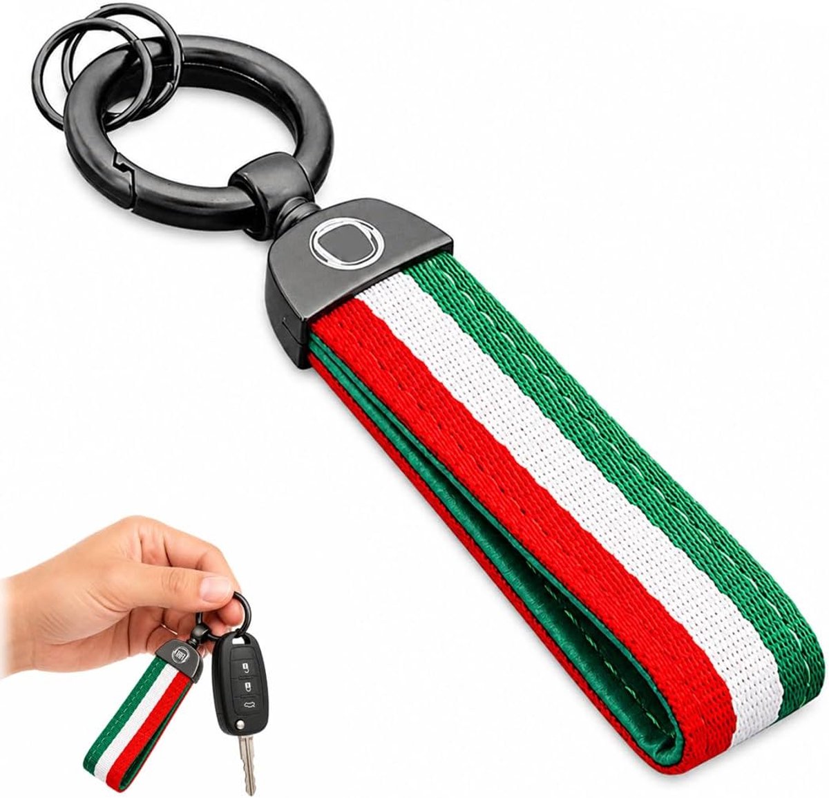 Italiaanse vlag met Fiat 500-logo, auto-accessoires voor Fiat 500 500L Brava Panda, leren & canvas sleutellint met metalen ring voor mannen en vrouwen