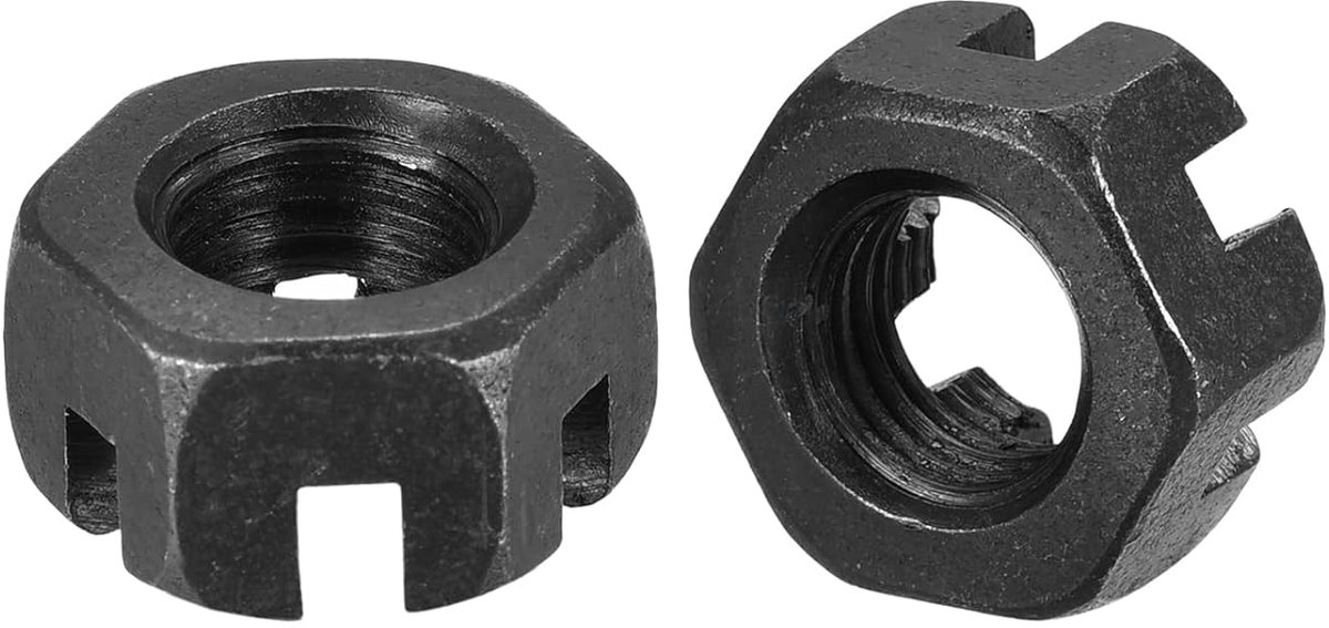 Zeskantmoeren met sleuf, M10 x 1,5 mm, zeskantmoeren van koolstofstaal, klasse 4.8, zwart, 12 stuks