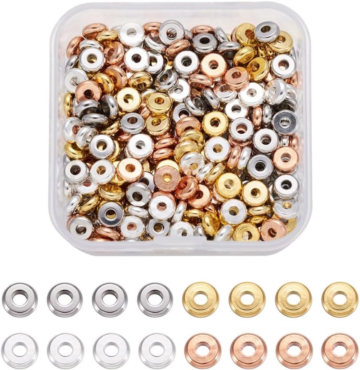 320 stuks platte ronde afstandsparels, messingkralen, 6 mm, 4 kleuren, bedelkralen in sluitringvorm, ideaal voor het maken van sieraden en armbanden