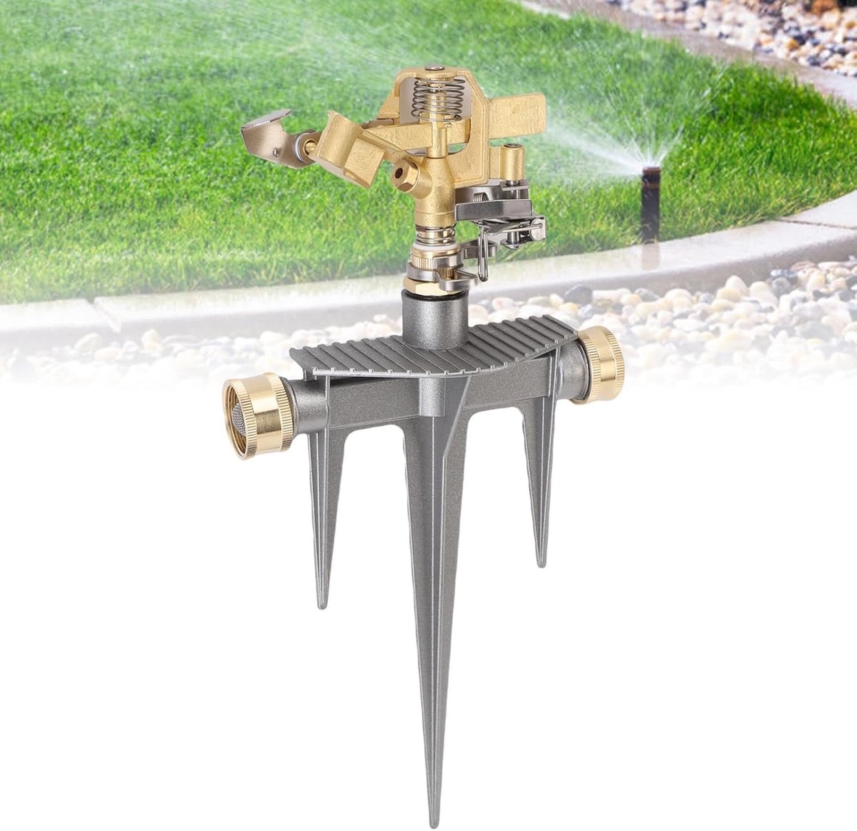 Sproeiers voor de Tuin, Robuuste Messing Slagsproeier met Aluminium Grondpen, 360° Draaibaar Tuinirrigatiesysteem, Geschikt voor een Oppervlakte Tot 7542 Vierkante Voet