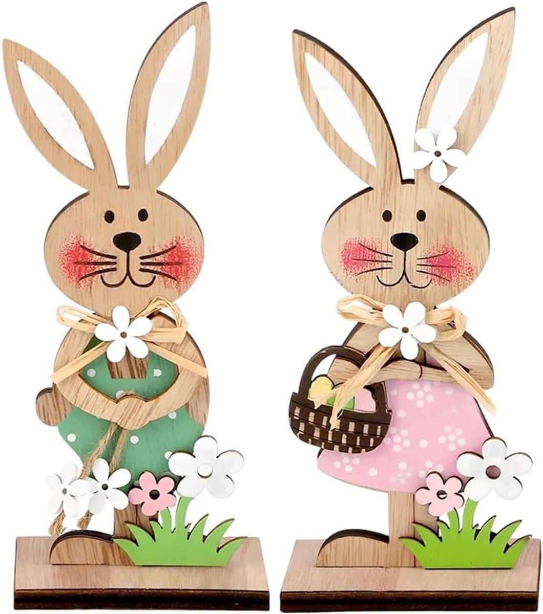 2 stuks paashaasdecoraties, houten paasdecoraties, decoratieve paashaas, lentedecoratie voor binnen en buiten, paascenterpieces (A)