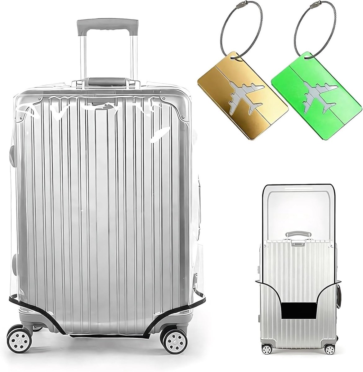 Kofferhoezen, transparant, bescherming voor bagage, pvc, 70 x 52 x 34 cm | Zacht pvc, metaal; reizen, vliegtuig; familie, pro, bescherming; 3 stuks, 1 beschermhoes, 2 etiketten