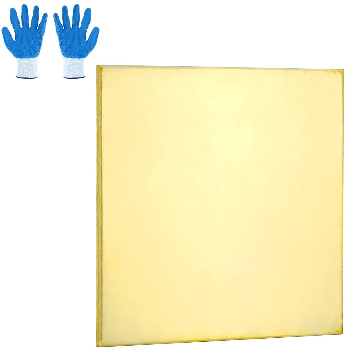 Messingplaat, 1,2 mm x 100 mm x 100 mm, dunne metalen platen van messing H62, met handschoenen voor knutselen, modellen, sieraden, reparaties, 1 stuk, goudkleurig