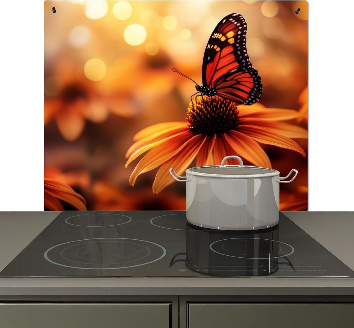 Spatscherm Keuken 51x59 cm Kookplaat Achterwand Beschermer Muur Spatwand Fornuis Aluminium Hittebestendig - Vlinder - Bloemen - Oranje