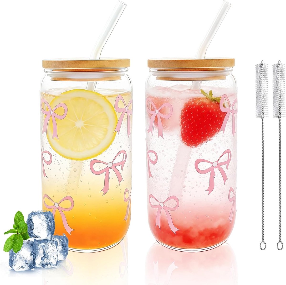 Drinkglazen met rietje en deksel, 40 ml, matcha-glazen, strikken glas in blikvorm, bubble tea-beker met rietje, roze esthetische glazen voor dranken, sap, ijskoffie, 2 stuks
