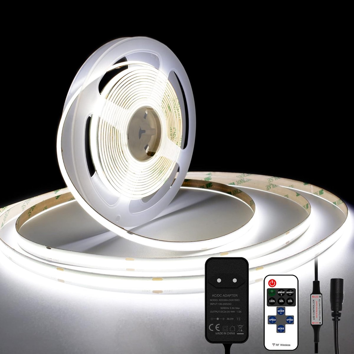 COB LED Strip 6000K Natuurlijk Wit, 5m Dimbare 24V Flexibele COB LED Strip Lights Set, 480LEDs/M, GS Power Supply, met RF Remote Control, CRI90+ Bright Unit Light voor TV, Keuken, Slaapkamer.