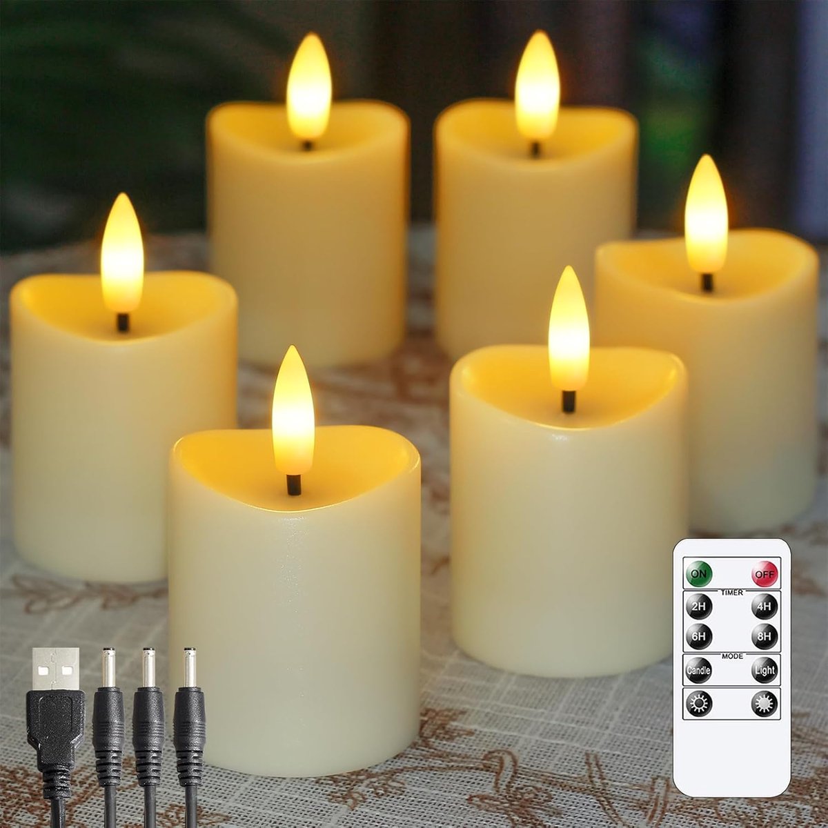 Vlamloze Afstandsbediening 5cm x6cm LED Kaarsen, Flikkerend Kunststof Ivoor Timer Set van 6 Kaarsen met Oplaadkabel