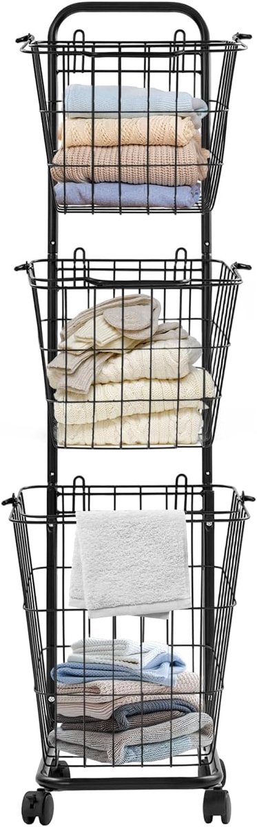 Wasmand op wielen, wasmand met 3 vakken, grote wasmand met handgrepen, 32 x 26 x 123 cm, waswagen voor badkamer, wasruimte (zwart)