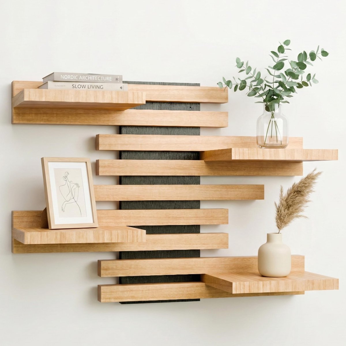 Massief Houten Wandplank - Modulaire Zwevende Wandplank met Latten Design - Decoratieve Opbergplank voor Woonkamer, Keuken, Badkamer en Slaapkamer - Boekenplank, Kruidenrek en Plantenhouder in Eén - Natuurlijke Houtlook