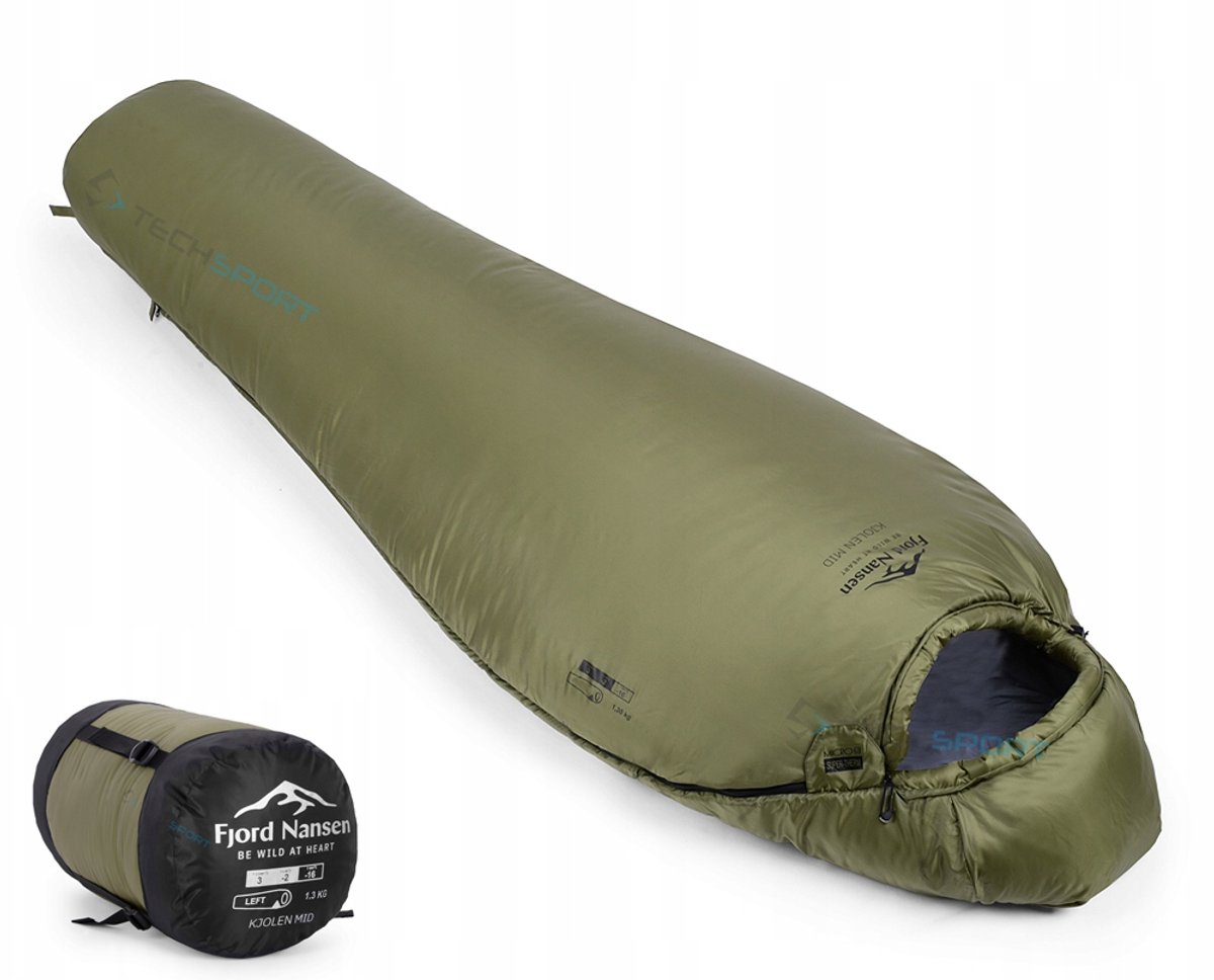 Merkloze Mummie Slaapzak -16°C, 1,3kg, Olijfgroen, Rits links