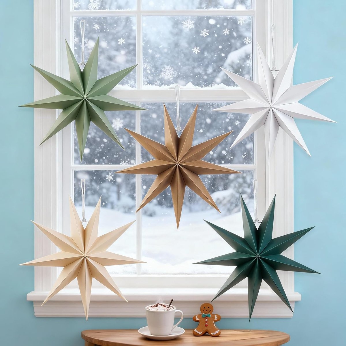 Papieren Sterrenlampionnen 30cm - 9-puntig - Sagegroen, Wit en Khaki - Sfeervolle kerstdecoratie - ShopVlot