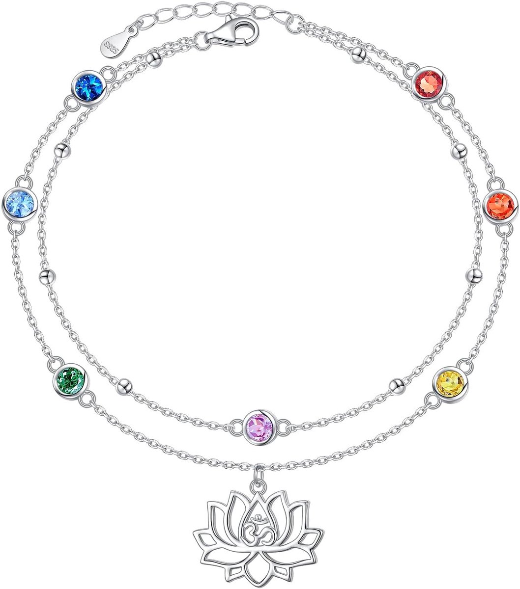 Chakra enkelbandje lotus mandala - 7 chakra enkelbandjes - sterling zilver 925 - bevorder je welzijn - ShopVlot