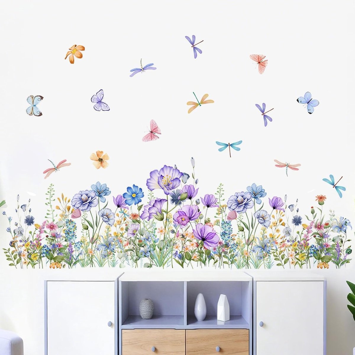 Muursticker bloemen met libellen en vlinders - waterdicht - natuurdecoratie - voor woonkamer en kinderkamer - ShopVlot