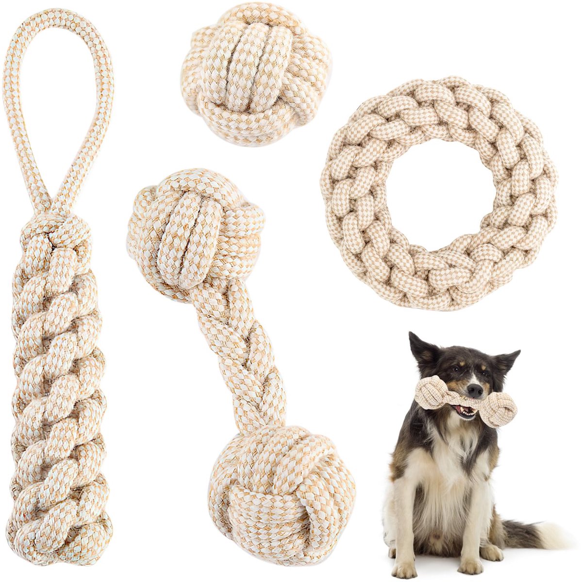 Set van 4 Hondenspeeltjes van Touw - Natuurlijk Henneptouw met Knoop en Bal - Trekspeelgoed en Kauwspeelgoed voor Kleine Honden en Puppy’s - Duurzaam Interactief Hondenspeelgoed voor Spelen en Apporteren