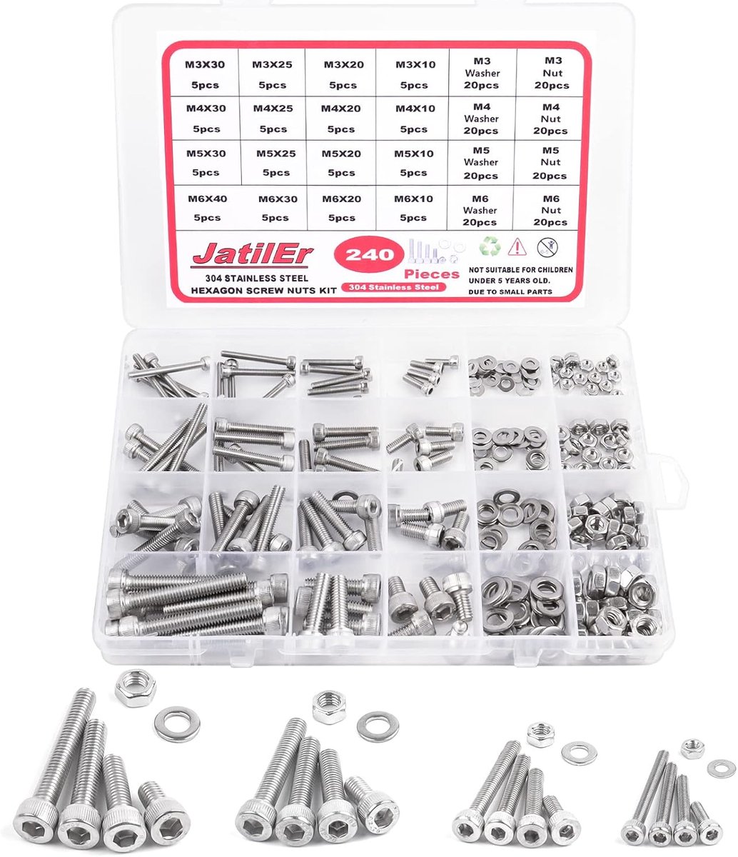 Hexagon bouten en moeren set 240pcs - RVS 304 - Diverse maten - Ideaal voor meubels en industrie - ShopVlot