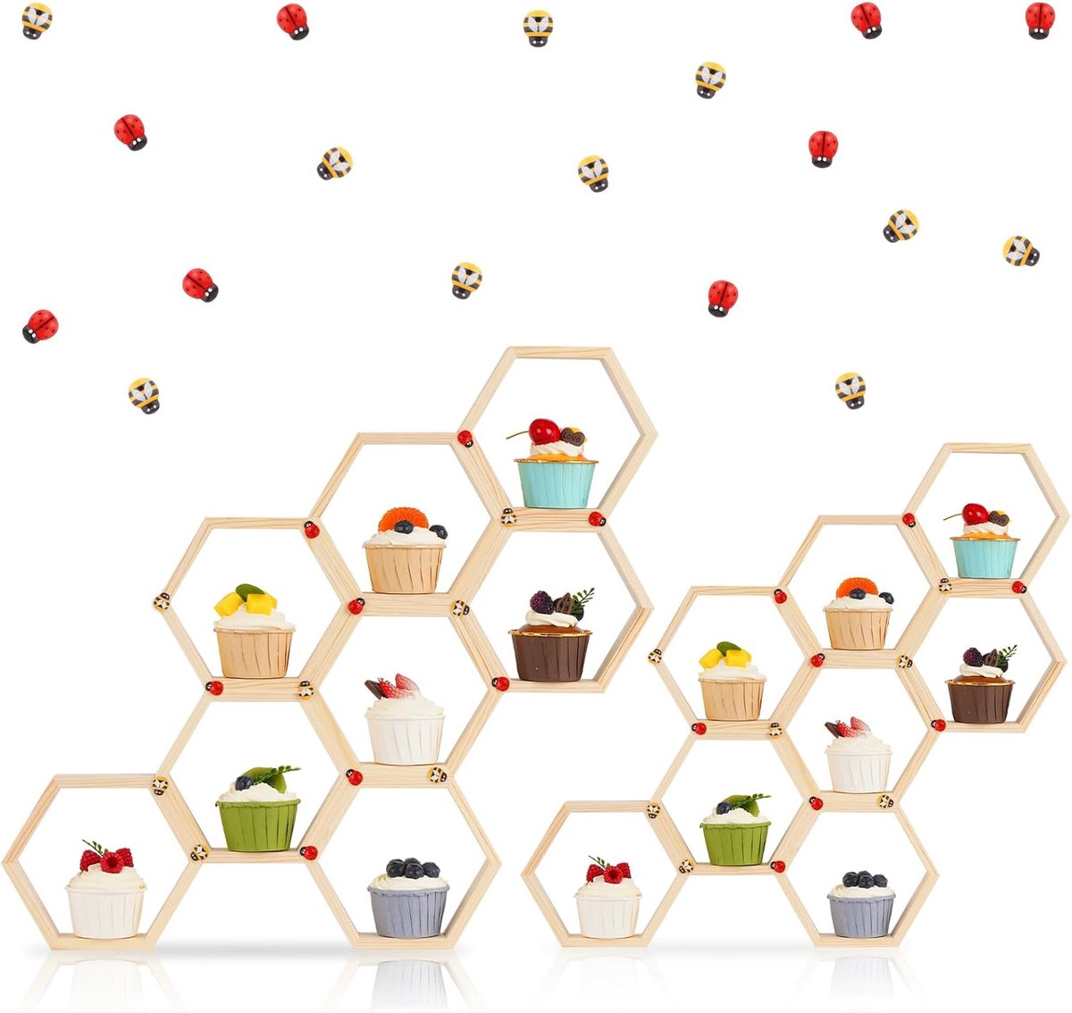 Cupcake stand set hexagonaal 16-delig - stevig vurenhout - aanpasbaar ontwerp - perfect voor bijen themafeest - ShopVlot
