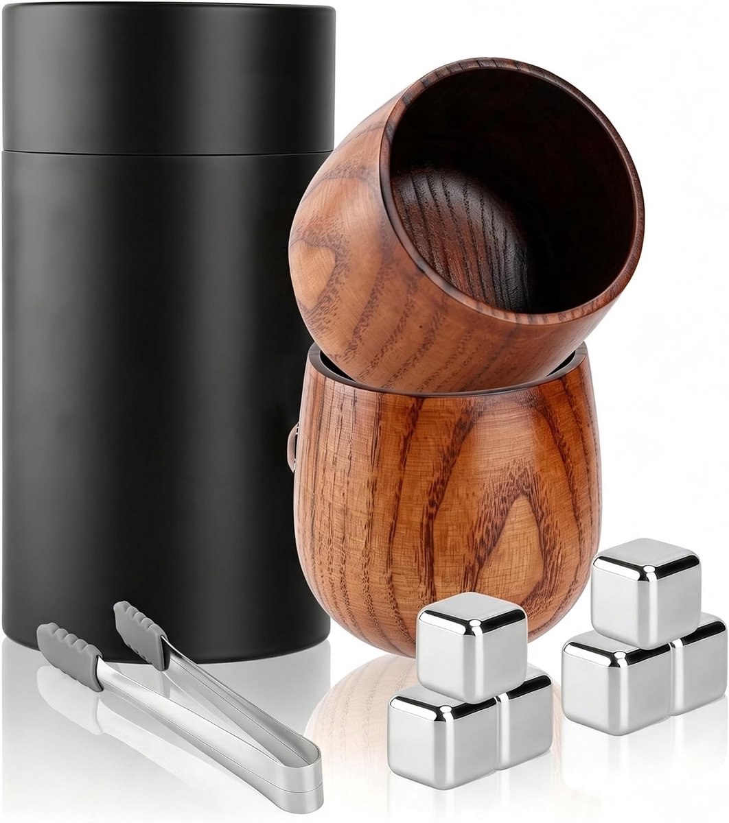 Whiskyproeverij set - 2 glazen van jujubier hout - 6 roestvrijstalen ijsblokjes - geniet van optimale temperatuur - ShopVlot