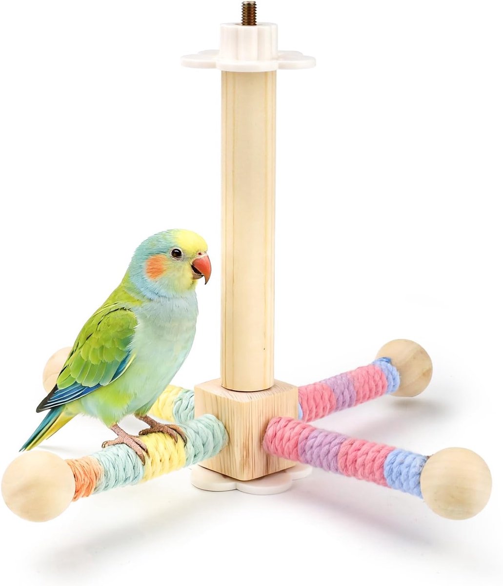 Houten vogelstandaard 360° - Roterende baars voor parkieten - Actief speeltoestel voor vogels - ShopVlot