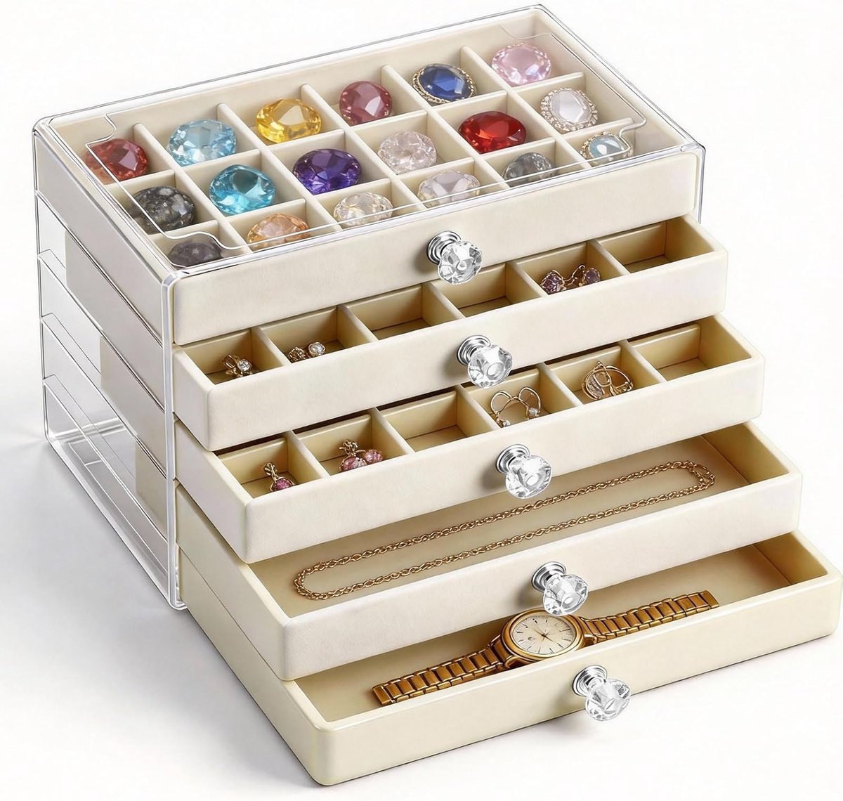 Sieradenbox 5-laden - Acryl - Beige - Perfect voor ringen, oorbellen en kettingen - ShopVlot