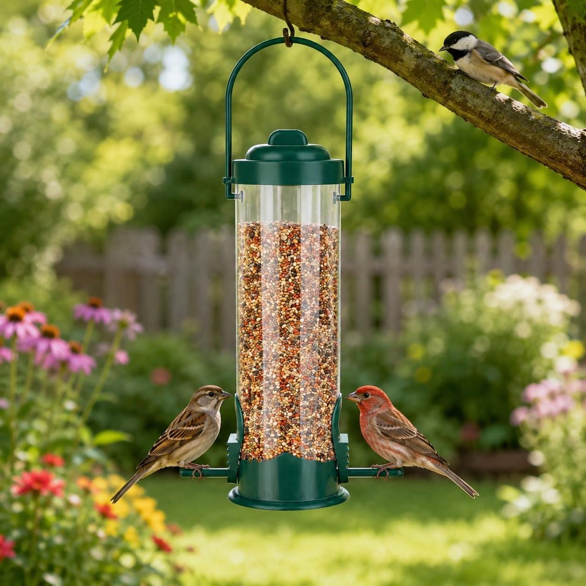 KZQ Hangende vogelvoedersilo 25 cm - Voederhuisje voor wilde tuinvogels - Geschikt voor winter en seizoensgebonden voeding - Eenvoudig te vullen en weerbestendig - Transparant