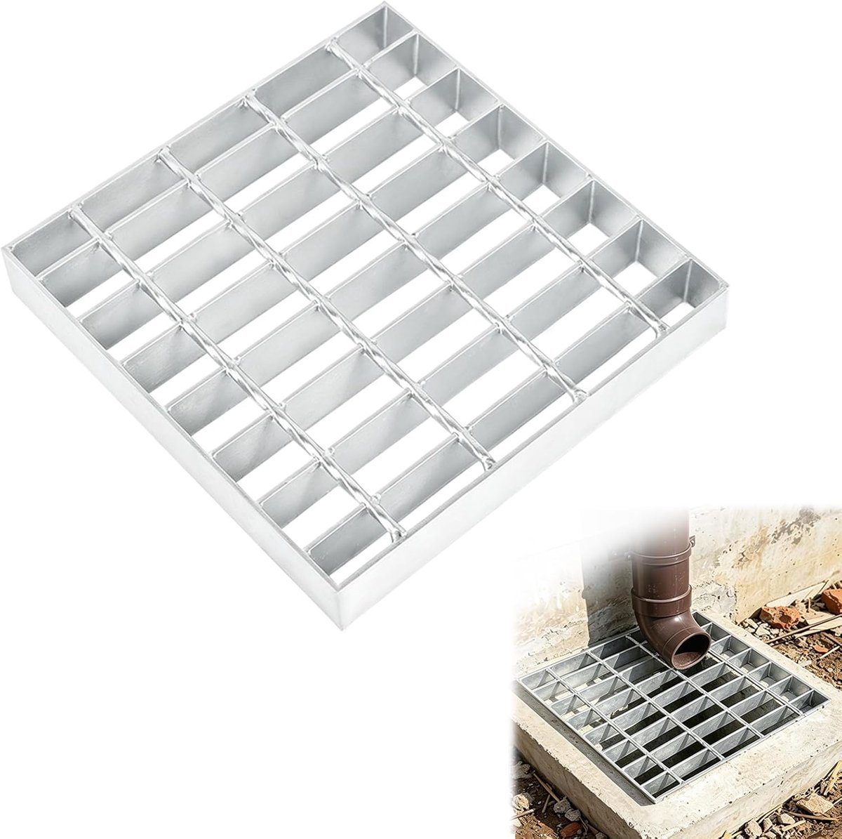 Grondrooster vierkant 226 x 226 mm - gegalvaniseerd staal - hoge belasting 900 kg - ideaal voor drainage - SnelShoppen