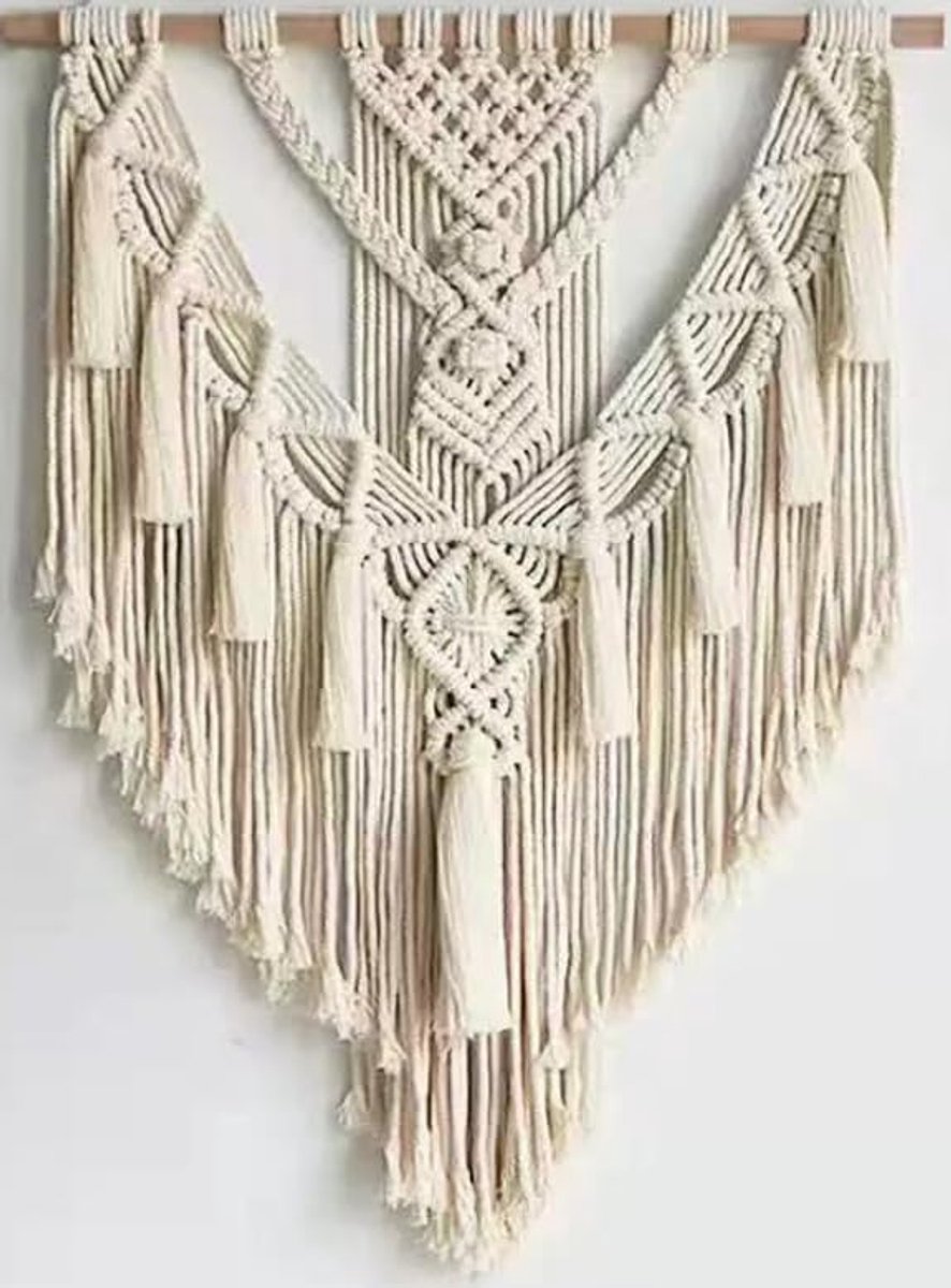 Wandtapijt 70 x 40 cm - beige katoen - macramé met kwastjes - boho-decoratie voor een gezellige sfeer - SnelShoppen