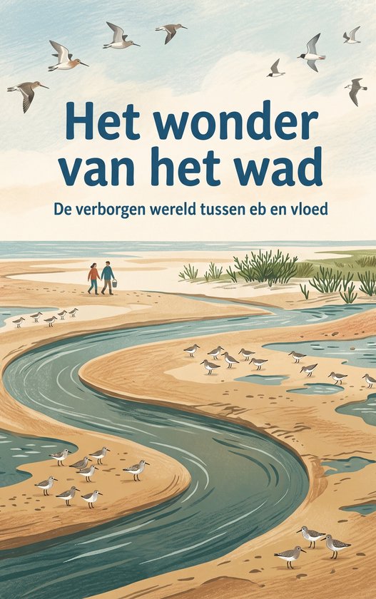 Boekomslag met de titel 'Het wonder van het wad', De verborgen wereld tussen eb en vloed. Een illustratie van een kustlandschap met vogels, een rivier en twee mensen.