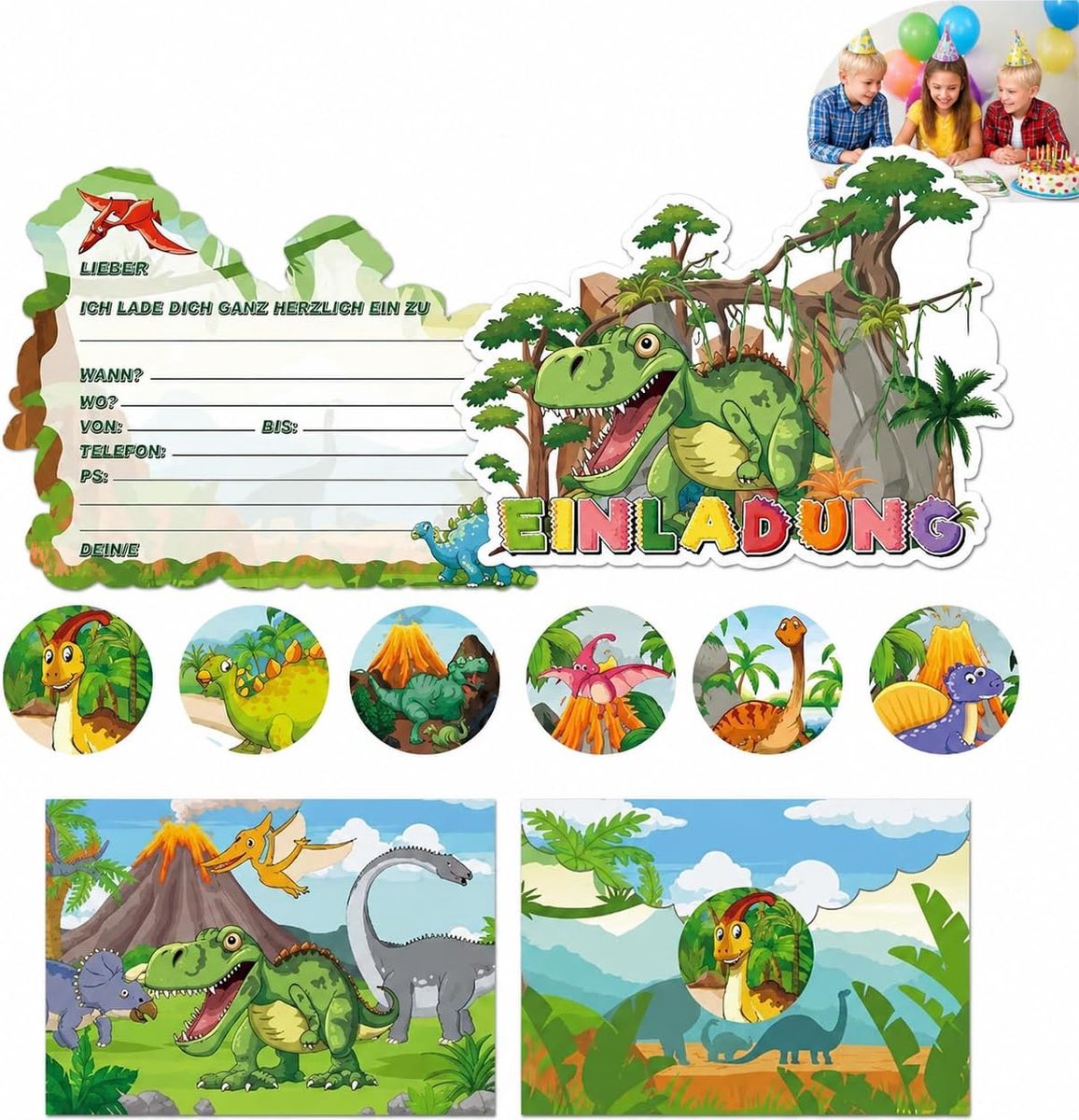 Uitnodigingskaarten kinderverjaardag dinosaurier - 12 stuks met enveloppen - hoogwaardig design - SnelShoppen