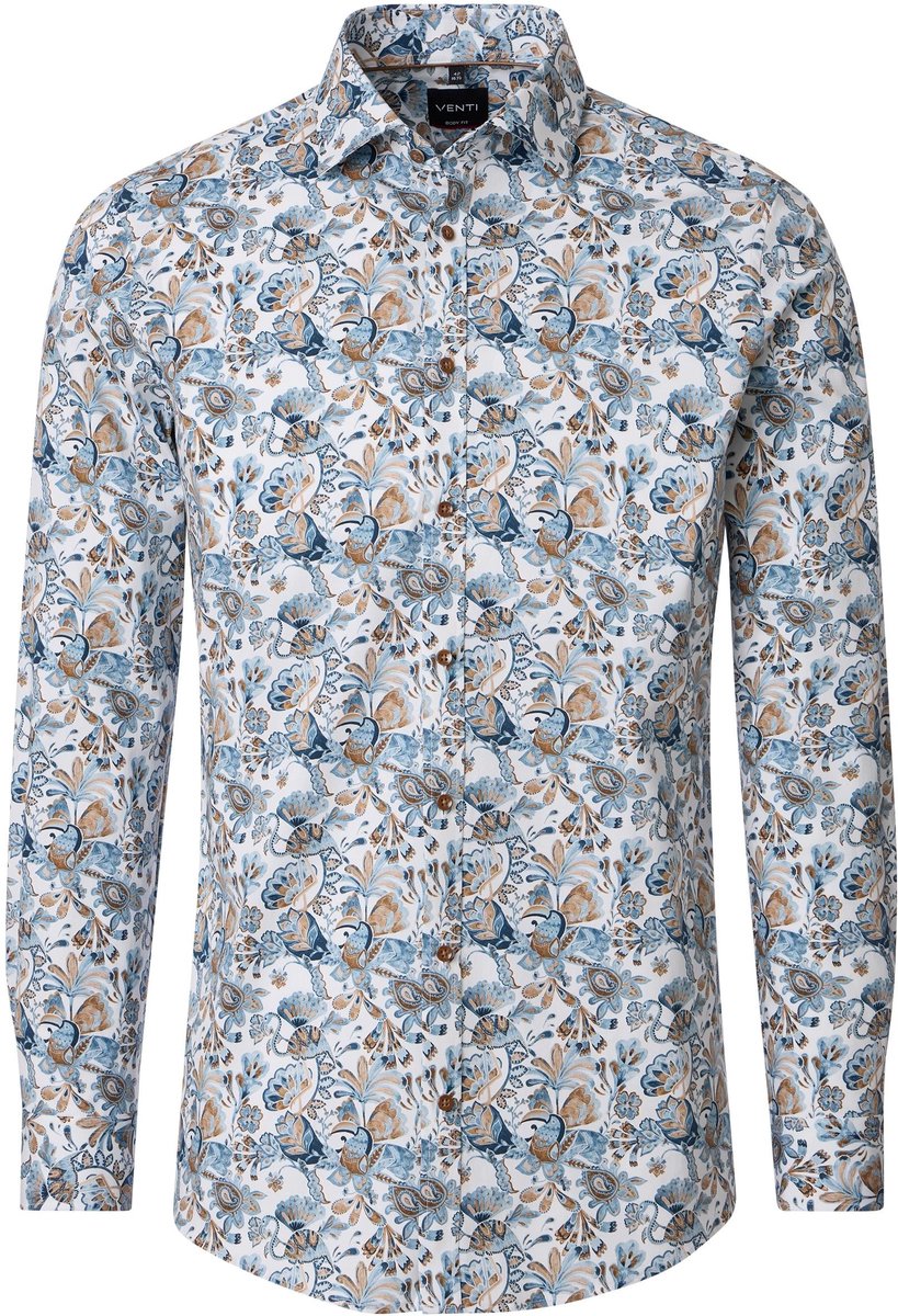 VENTI body fit overhemd - popeline - wit - blauw - bruin dessin - Strijkvrij - Boordmaat: 42 (EU maat: L)