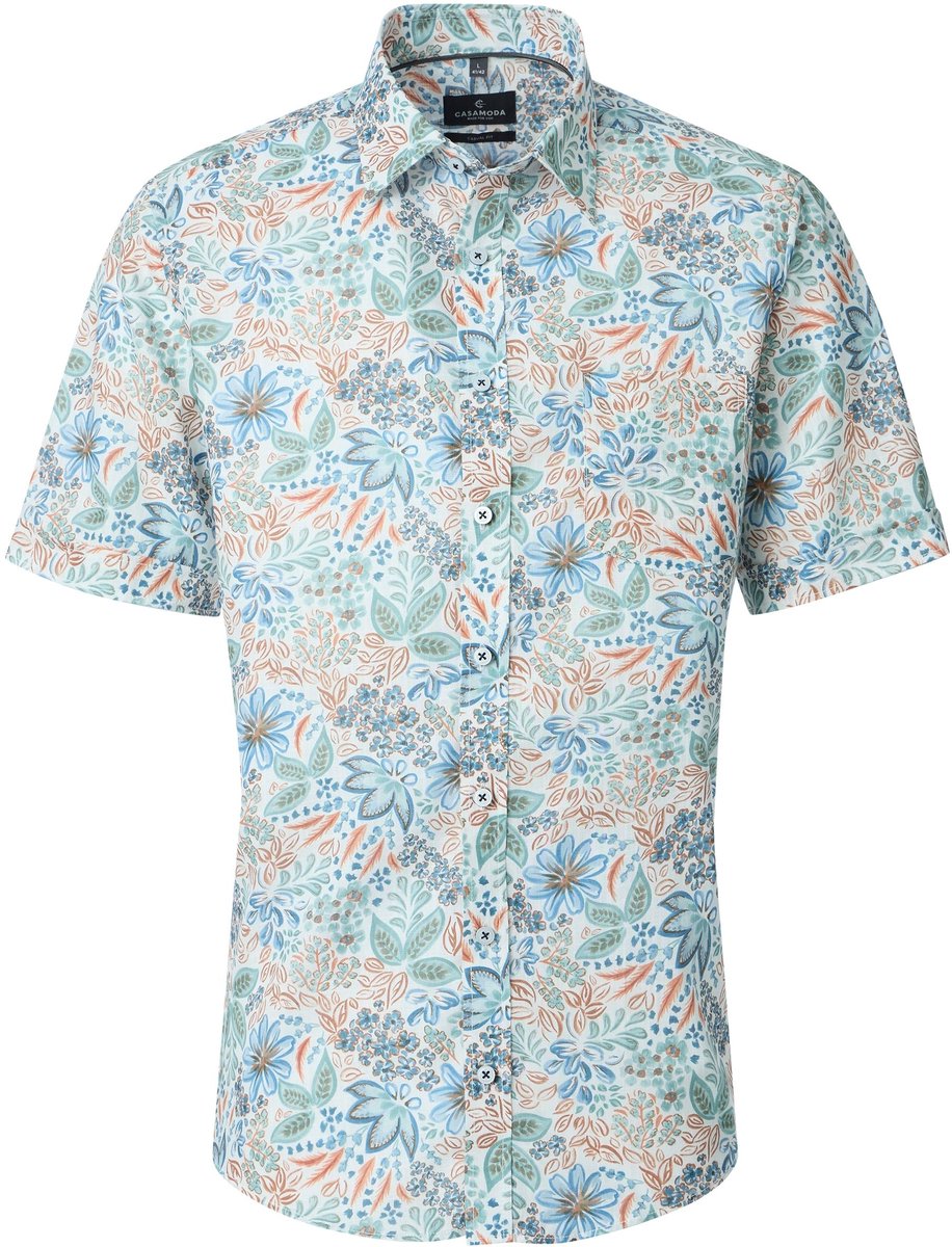 CASA MODA Sport casual fit overhemd - korte mouw - popeline - wit - blauw - groen - oranje dessin
