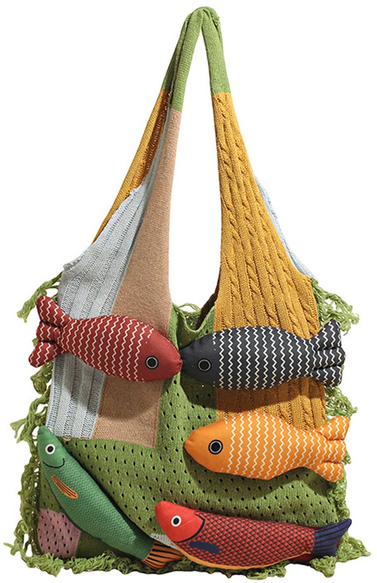 Geweven textieltas met een speels vispatroon, grote inhoud, ideaal voor het strand,Groen