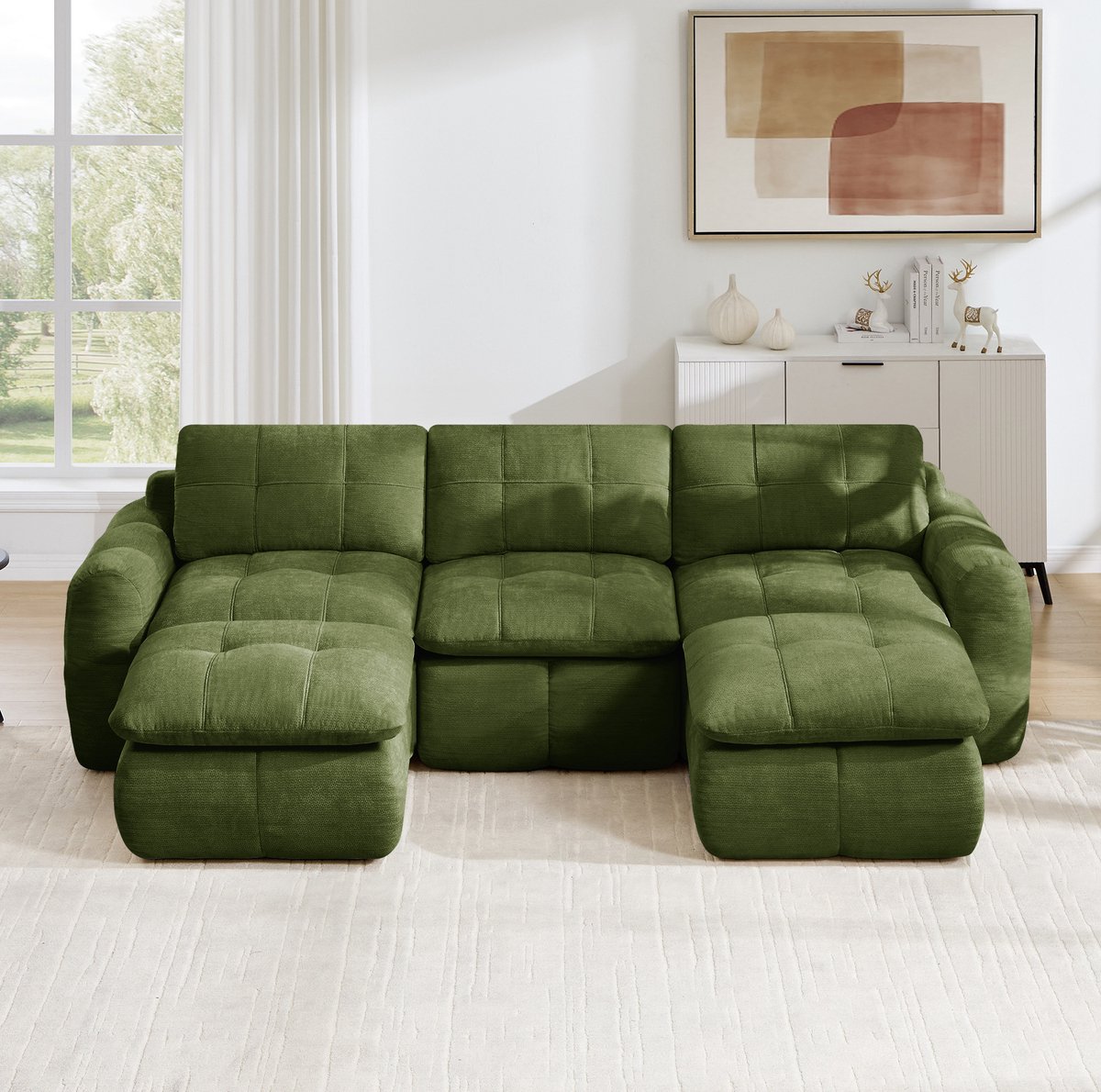 STILVORA U-bank 264 cm - Modulaire 3-Zits Met 2 Ottomanen En Montagevrij Ontwerp - Voor Woonkamer En Appartement - Chenille Groen