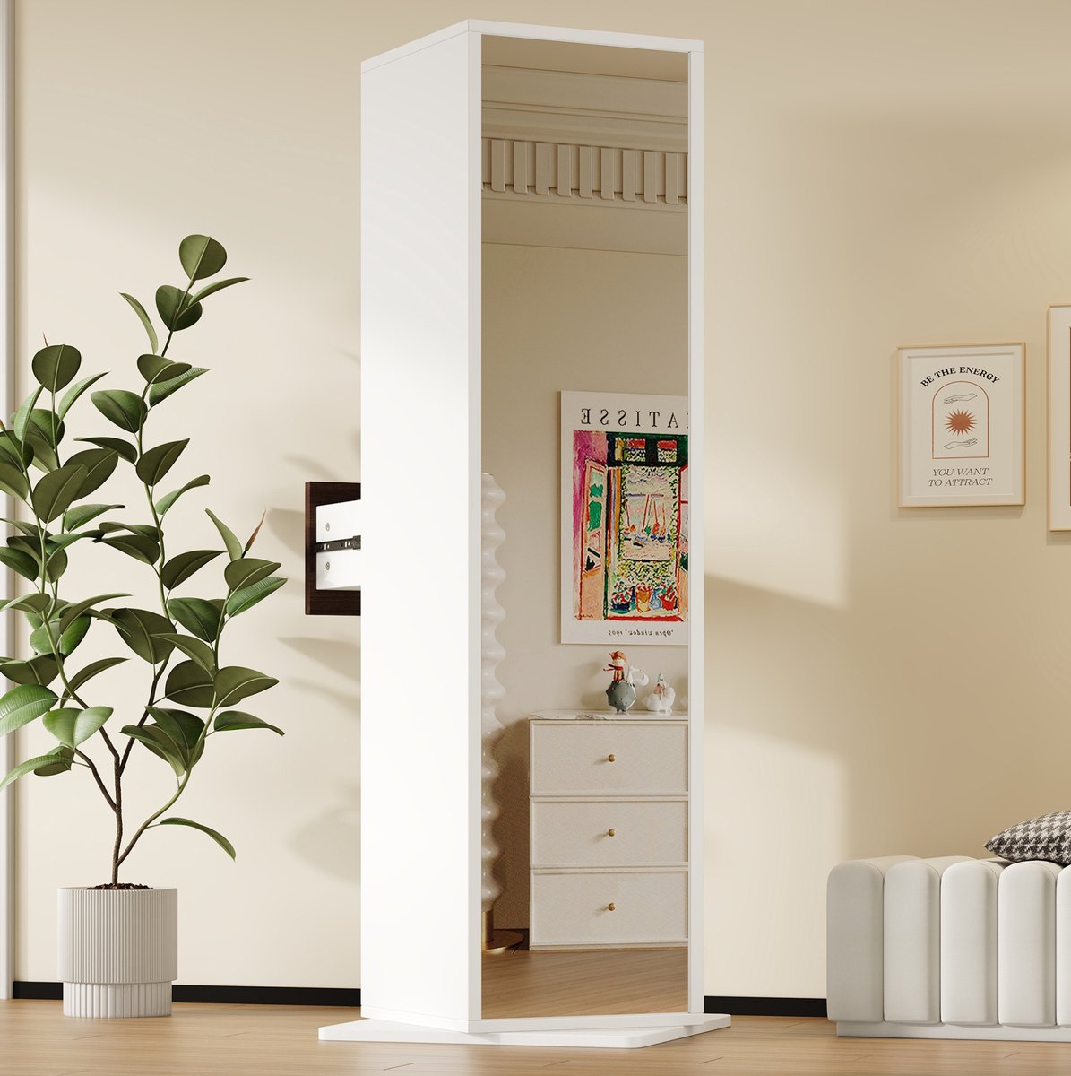 STILVORA Opbergkast - Draaibare Kast Met Passpiegel En Lade - Voor Hal Slaapkamer En Woonkamer - Hout - 45x45x168 Cm - Wit