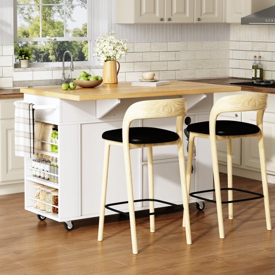 STILVORA Keukeneiland - Met Uitklapbaar Werkblad En Stopcontacten - Verrijdbaar Met Lades En Kast - MDF - 120x45x84 Cm - Wit;Naturel — afbeelding 4