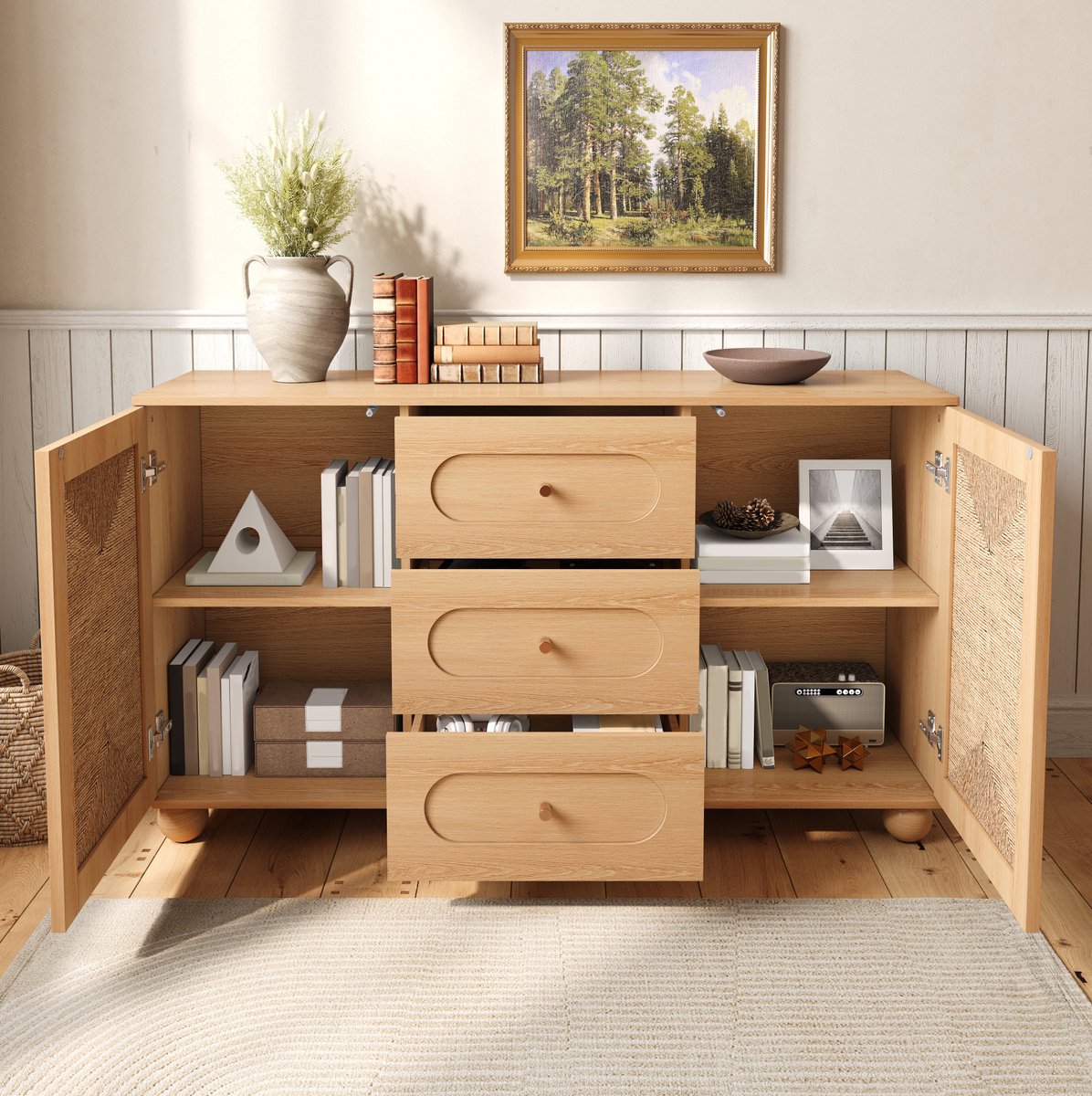 STILVORA Dressoir - 2 Deuren En 3 Lades Voor Geordende Opbergruimte - Voor Hal Woonkamer En Eetkamer - MDF En Spaanplaat - 140x40x80 Cm - Naturel