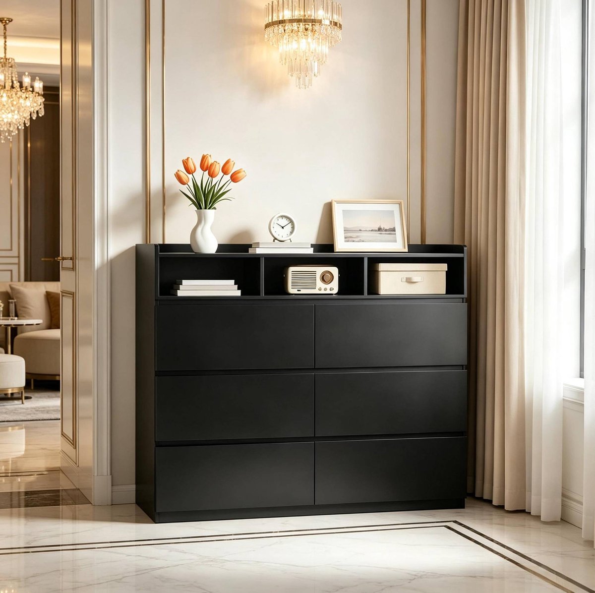 Dressoir - Zwart Opbergmeubel Met 6 Lades En 3 Open Vakken - Voor Woonkamer En Hal - Spaanplaat - 120x40x100 Cm