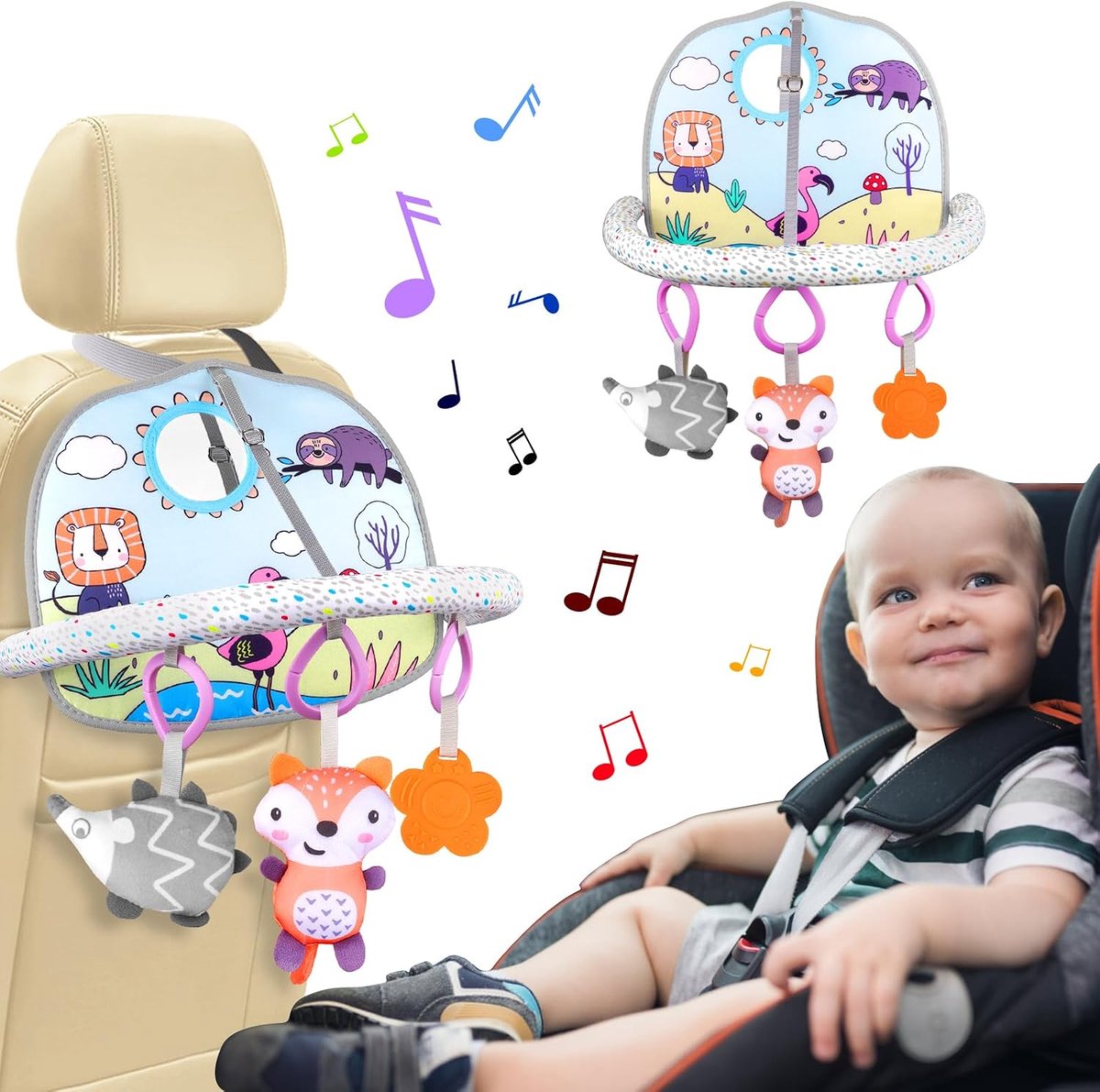 Autostoel speelgoed voor baby - activiteitencentrum met spiegel - 3 hangende speeltjes - houdt je kindje bezig - SnelShoppen