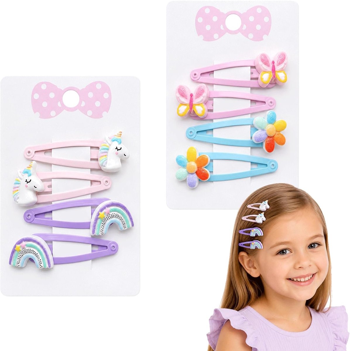 Haarspelden meisjes 8 stuks - Eenhoorn, glitter - Regenboog, vlinder, bloem - Magische haaraccessoires - SnelShoppen
