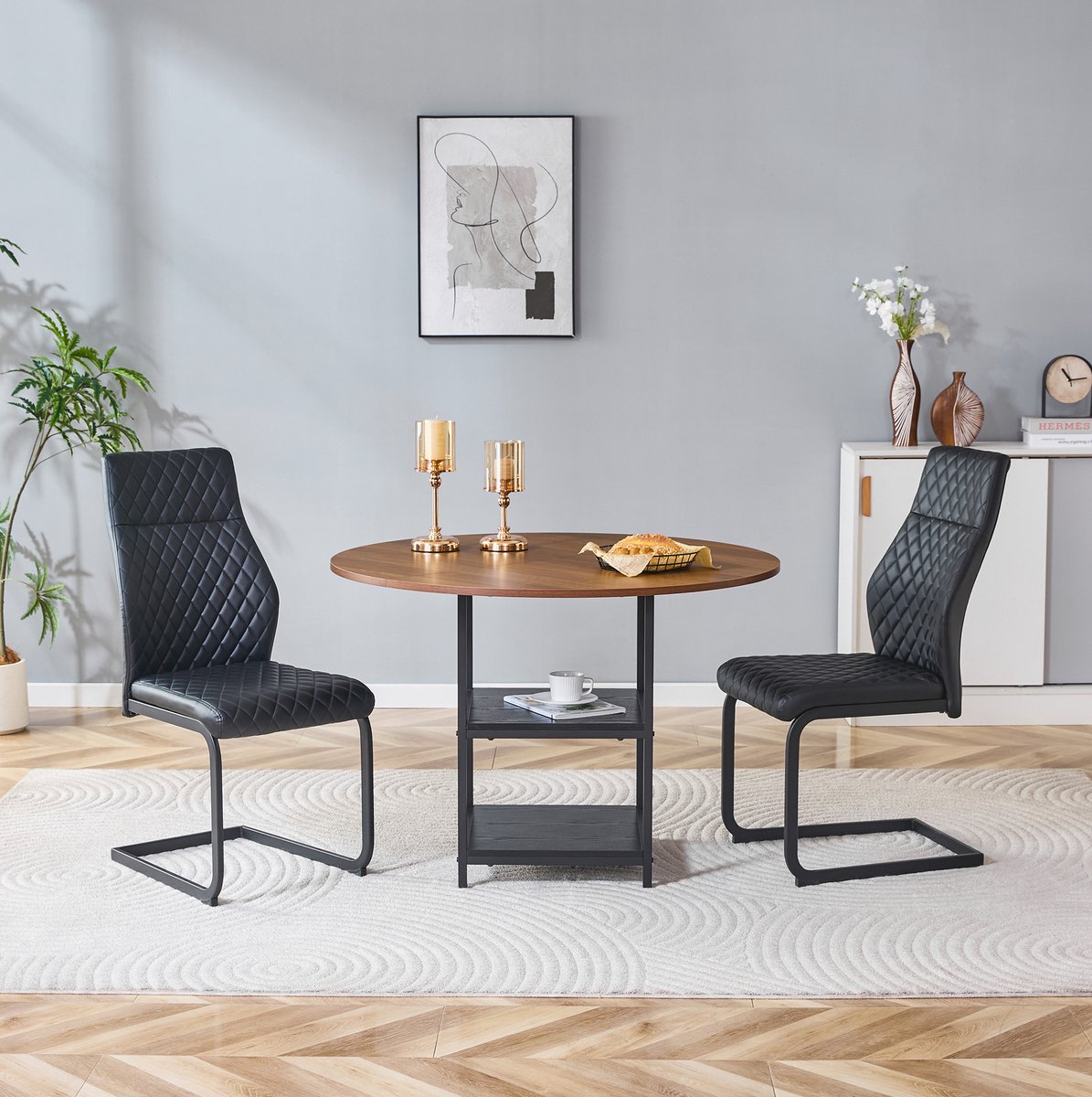 MODFU Eetkamerset - Ronde Eettafel 107 Cm Met 2 Stoelen - Industrieel - MDF - Zwart Walnoot