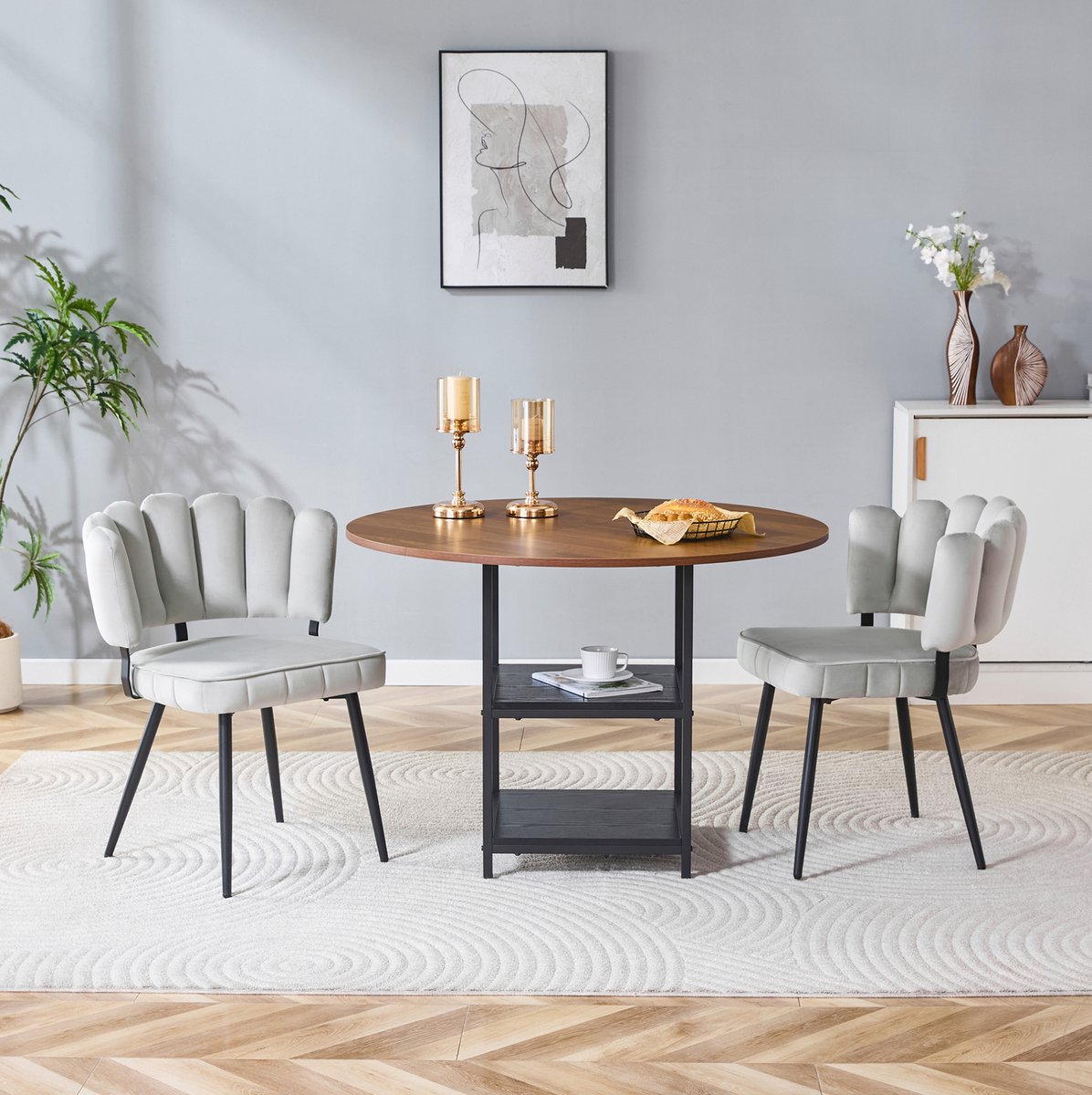 MODFU Eettafelset - Rond - 107 Cm - 2 Stoelen - Walnootlook - Lichtgrijs