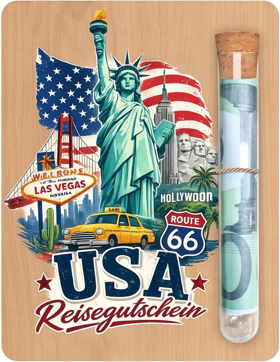 Geldgeschenk reizen Amerika - houten kaart 13 x 10 cm - glazen buis - persoonlijke verrassing voor vakantie - SnelShoppen