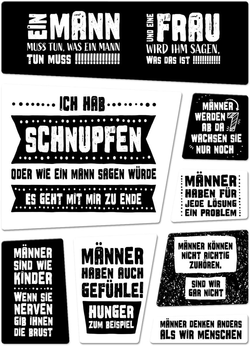 Koelkastmagneten set 8-delig - zwart/wit - mannen humor - vrolijke spreuken voor je koelkast - SnelShoppen