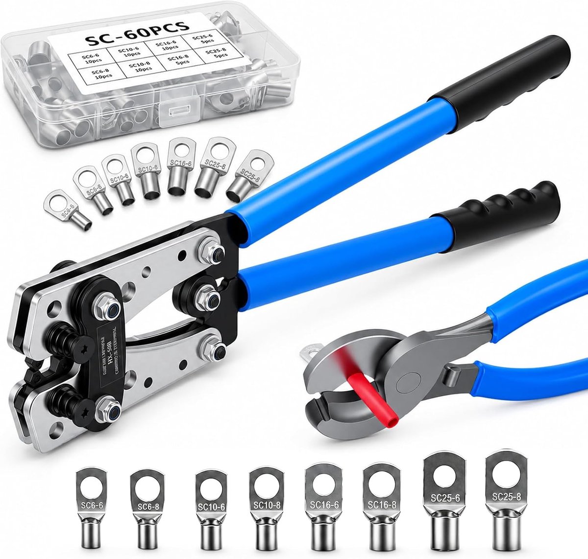Krimp tang kabelschoenen set - 6-50 mm² - met 60 koperen ringkabelschoenen - voor stevige kabelverbindingen - SnelShoppen
