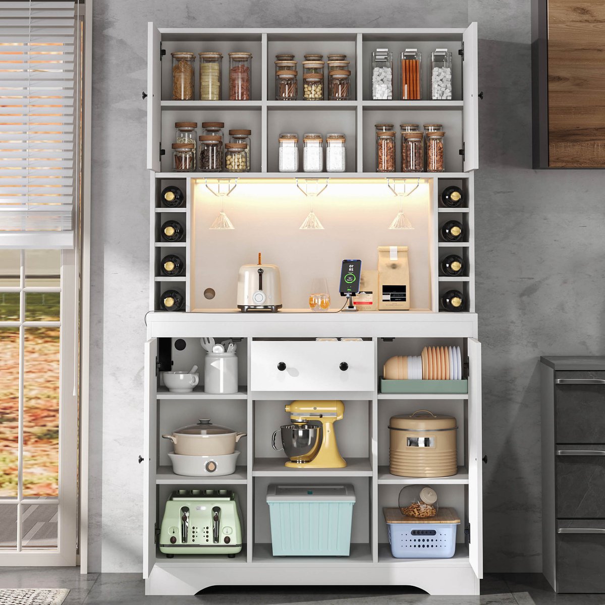 MODENUIT Keukenkast - Hoogkast Met Verstelbare Planken, Lade, Wijnrek En LED - Wit MDF - 105x39x180 Cm