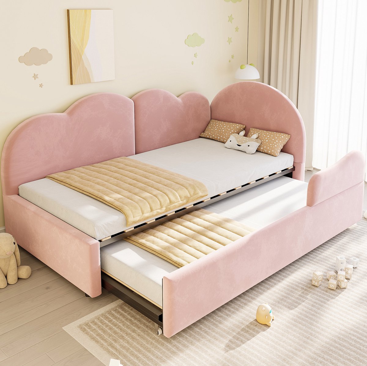 Gestoffeerde Slaapbank 90x200 cm - Uitschuifbaar L-vormig Bed met Wolkvormig Hoofdbord - Ruimtebesparend - Kinderkamer - Roze - Zonder matras