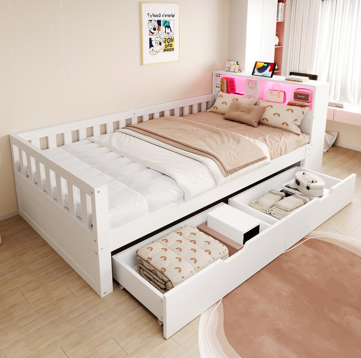 OKWISH Houten Bed 90x200 cm - Eenpersoonsbed Met LED, Stopcontact En Opbergruimte - Met Lades En Veiligheidshekken - Kinderkamer - Wit - Zonder Matras