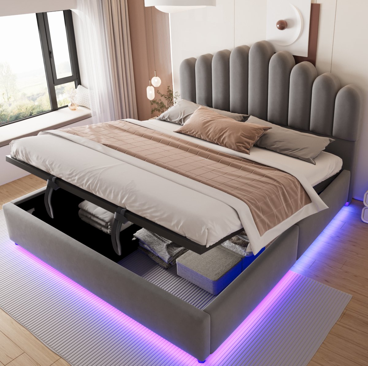 Gestoffeerd Bed 180x200 cm - Hydraulische Opbergruimte en Led-Verlichting - Met Lattenbodem - Zonder Matras - Fluweel - Grijs